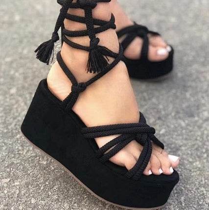 Summer Women Wedges Shoes High Heel Strappy Sandals - Mubimart