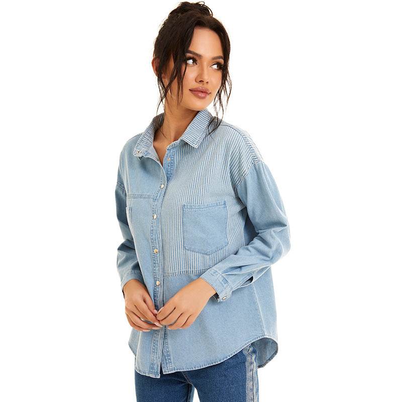 Loose Stitching Striped Shirt Jacket - Mubimart