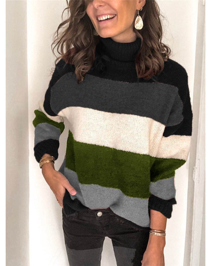 Turtleneck Stitching Knitted Sweater OL Large Size Striped Sweater - Mubimart