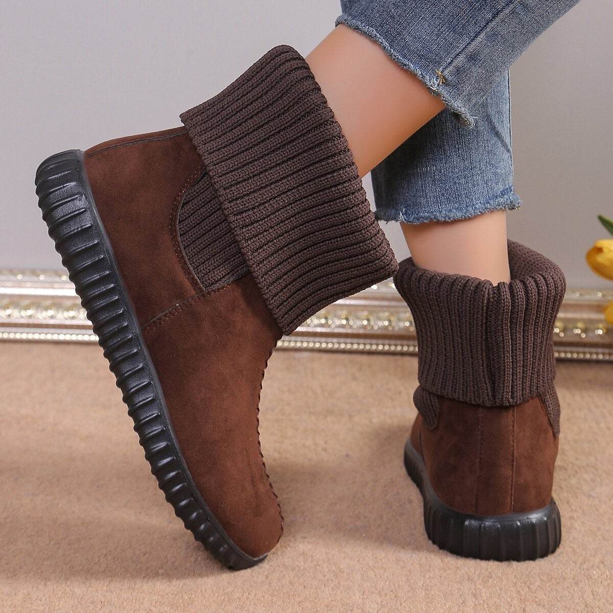 Flat Ankle Boots With Reversible Knitted Design Winter Fashion Comfortable Snow Boot For Women Shoes - Mubimart