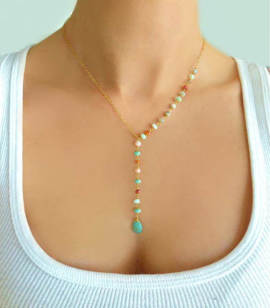 Colorful Rice Bead Chain Necklace Women New - Mubimart