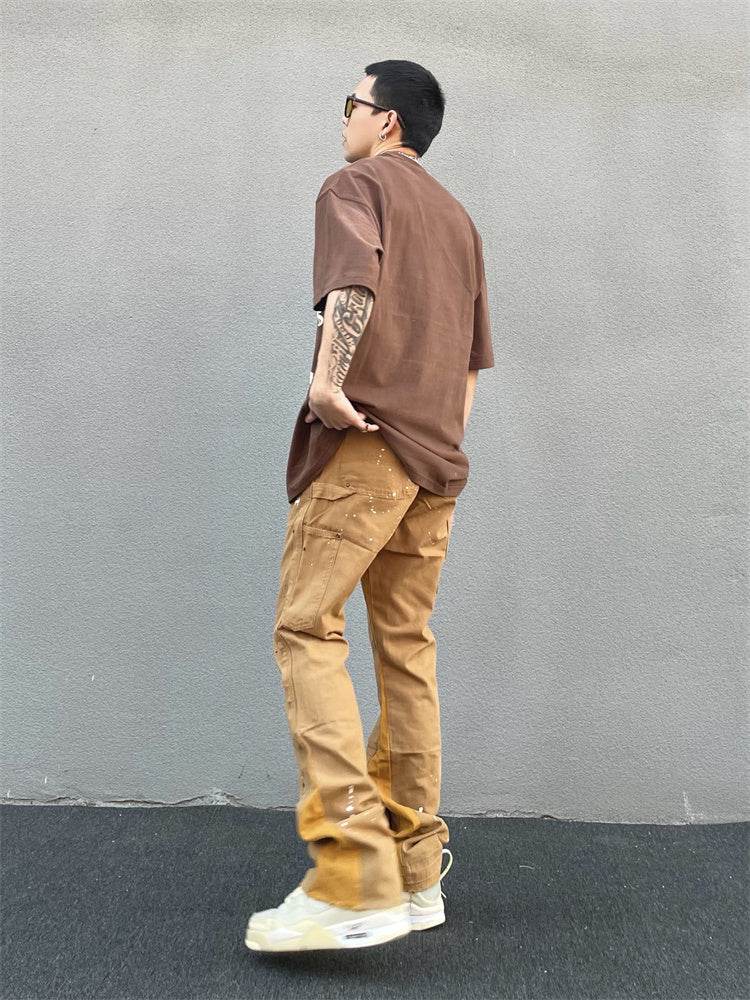 Khaki Men's Vibe Style Splattered Ink Graffiti Micro Flared Pants - Mubimart
