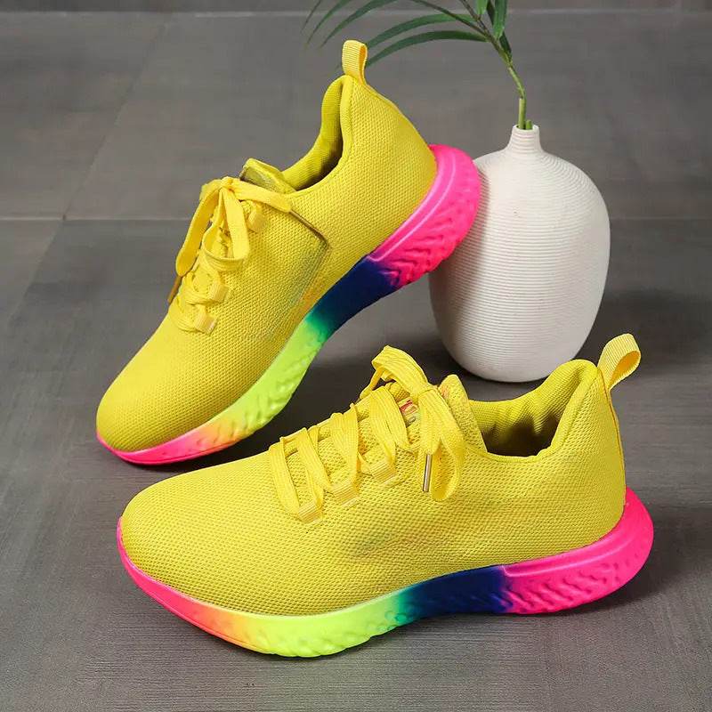 Lace-up Mesh Shoes With Rainbow Sole Design Fashion Walking Running Sports Shoes Sneakers For Women - Mubimart
