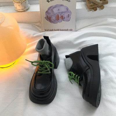 Thick High Heels With Lace Up Small Leather Shoes, Women's British Style Black Versatile High Rise Single Shoes - Mubimart