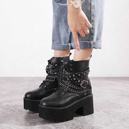 Women's Chunky Heel Booties Platform Platform Martin Boots - Mubimart