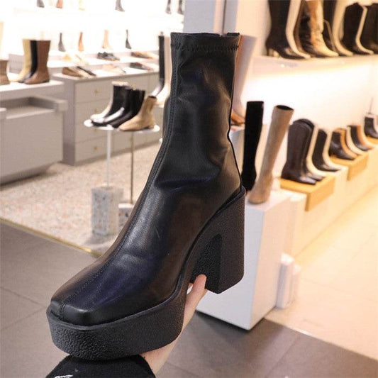 Korean Boots Square Toe Chunky Heel Waterproof - Mubimart