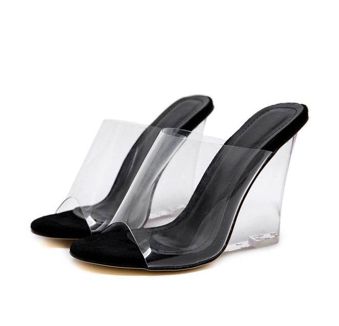 Sexy Transparent Crystal Wedge Women's Shoes High Heels Mules - Mubimart