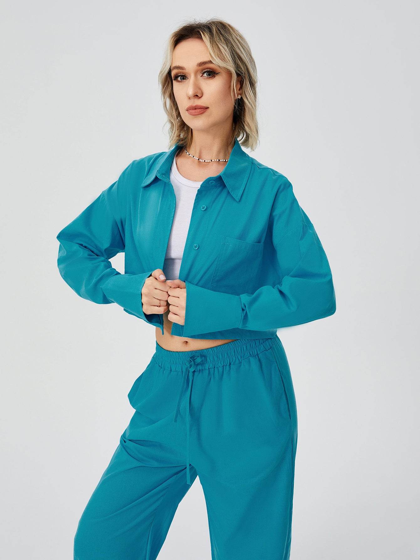 Women Two Piece Outfits For Women Long Sleeve Button Down Wide Leg Loungewear Pajama Set - Mubimart