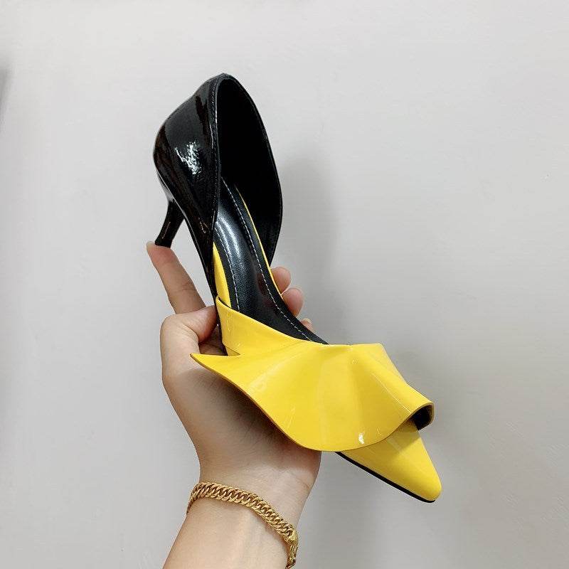 Patent Leather Ruffled Stiletto Pointed Pumps - Mubimart