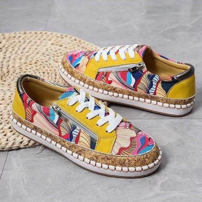 Ethnic Style Printed Flats Shoes Casual Side Zip Slip-on Shoes Loafers Women - Mubimart