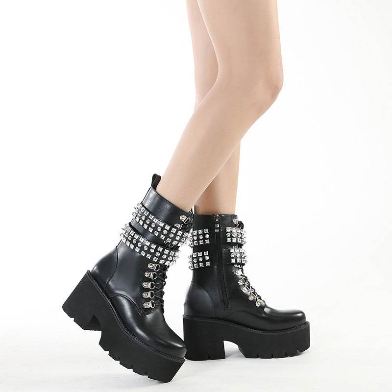 Gothic Style Fashion Rivet Mid-calf Boots For Women - Mubimart