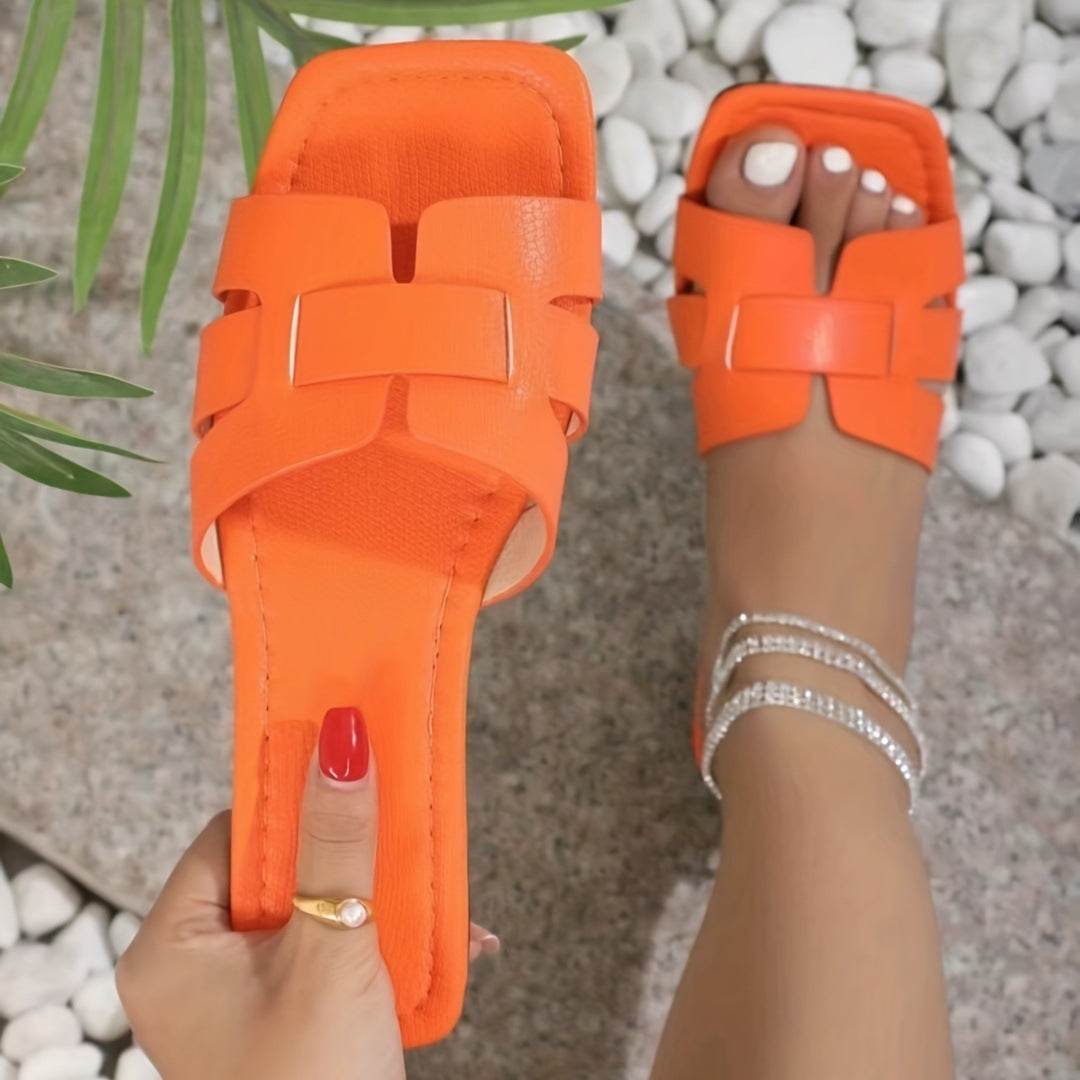 Square Toe Flat Sandals Summer Hollow Out Slides Slippers Women Footwear - Mubimart