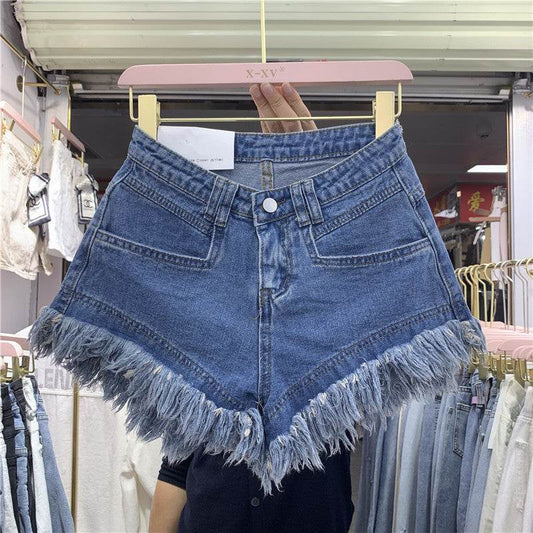Fringed Frayed Denim Shorts Women Summer Thin High-waisted Wide-leg Pants - Mubimart