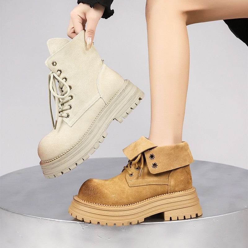 Distressed Thick Bottom Mid-calf Vintage Martin Boots - Mubimart