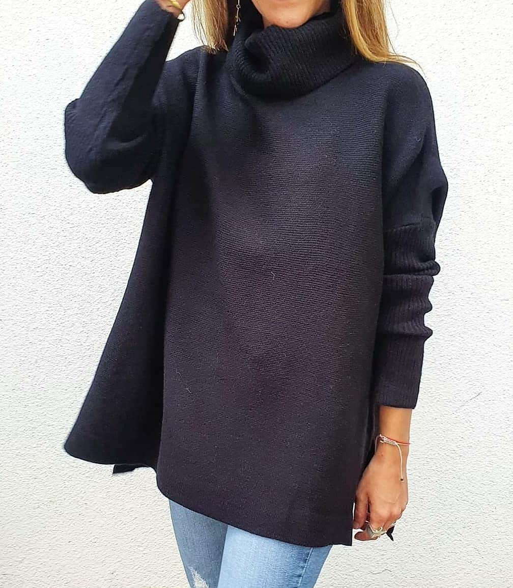 Turtleneck Sweater Mid Length Batwing Sleeve Slit Hem Tunic Pullover Sweaters Winter Tops Women Clothing - Mubimart -  