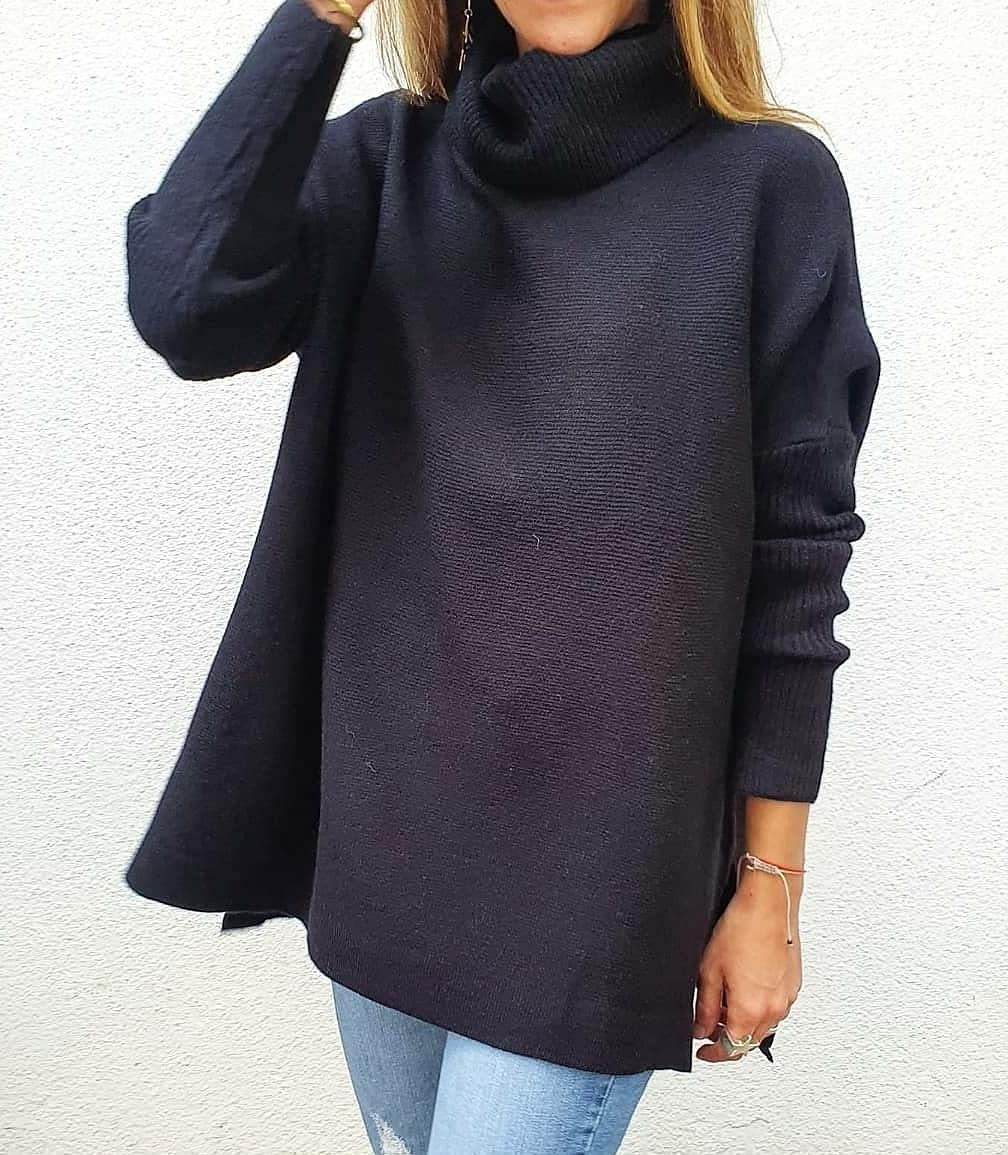 Turtleneck Sweater Mid Length Batwing Sleeve Slit Hem Tunic Pullover Sweaters Winter Tops Women Clothing - Mubimart