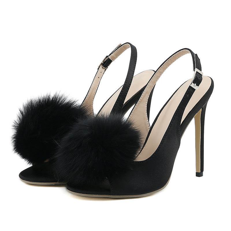Gentle Hairy Ball Satin Fish Mouth Women's High-heeled Sandal - Mubimart