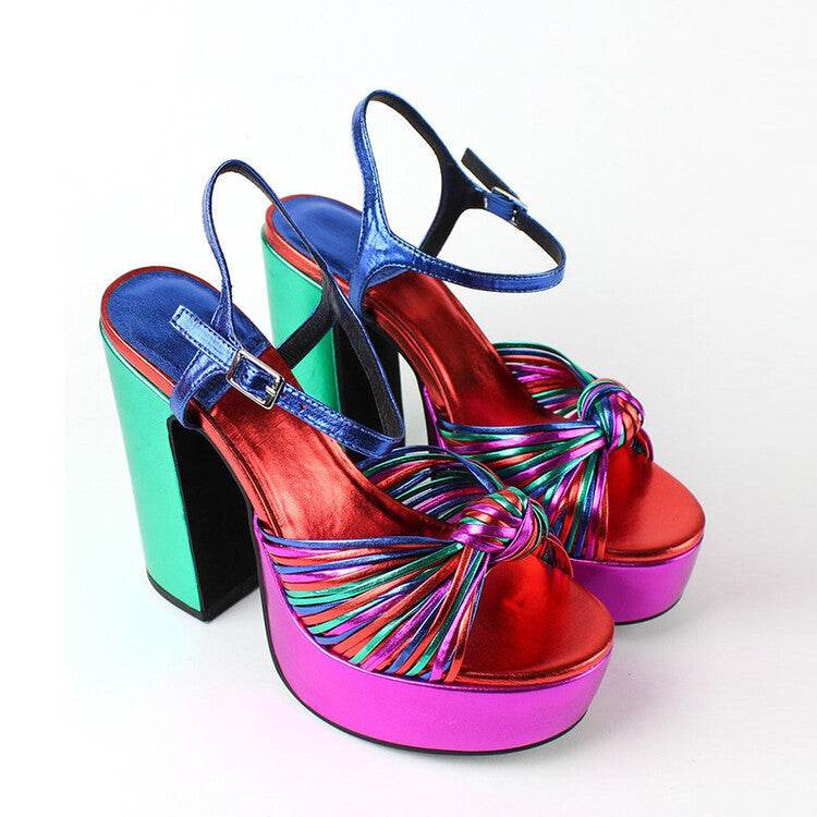 Women's Round Toe Hollow Platform Slingback Chunky High Heel Sandals - Mubimart