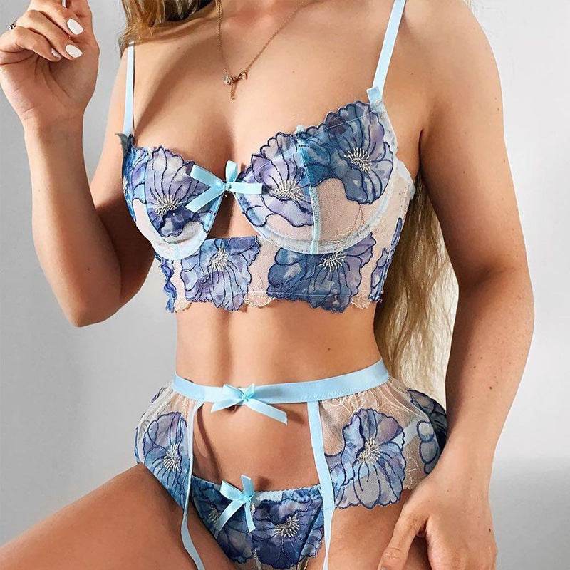 Embroidered Tie Bowknot Garter Belt Three-piece Sexy Suit - Mubimart