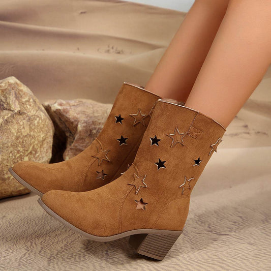 Fashion Mid-calf Boots With Hollow-stars Design Retro Pointed-toe Square Heel Western Boots For Women Fall And Winter Shoes - Mubimart