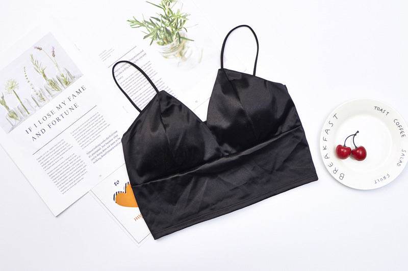 Deep V Satin Women's Short Thin Shoulder Strap Glossy Camisole Bottom Wrap Chest - Mubimart
