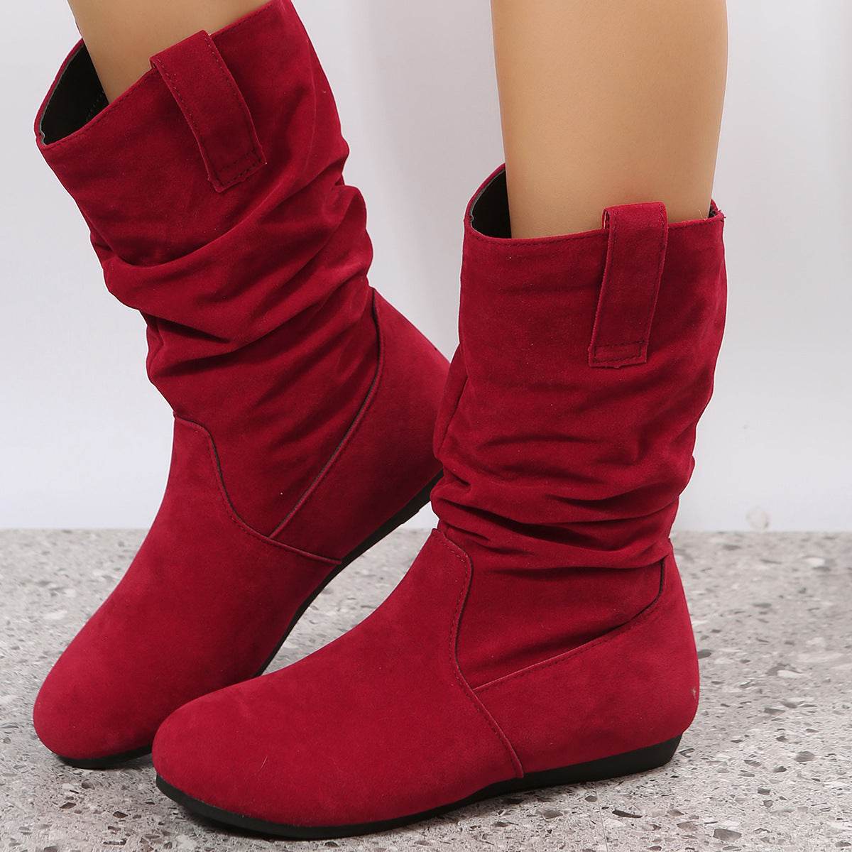 Round Toe Flat Boots Fashion Solid Color Suede Mid-calf Boot Winter Warm Shoes For Women - Mubimart
