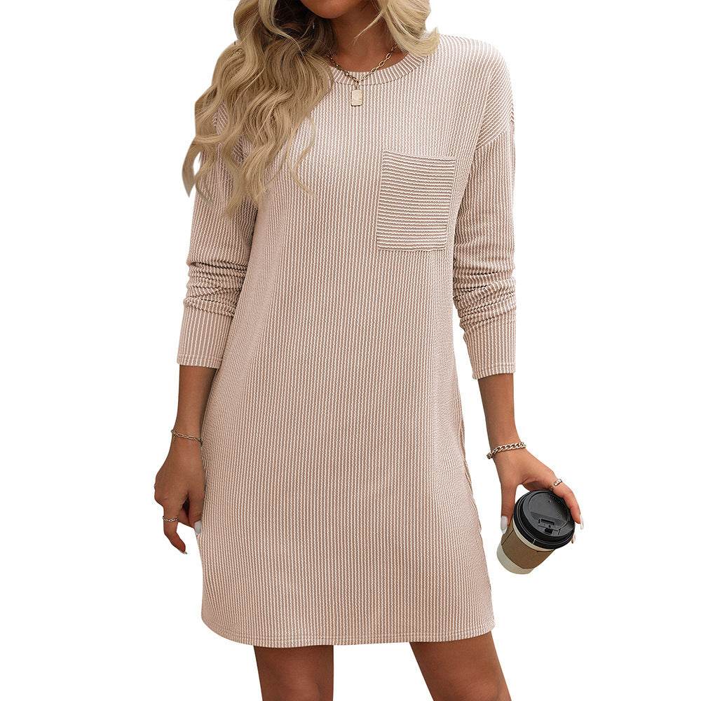 New Solid Color Striped With Pockets Long Sleeve Dress Fashion Round Neck Straight Dress Women's Clothing - Mubimart