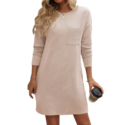 New Solid Color Striped With Pockets Long Sleeve Dress Fashion Round Neck Straight Dress Women's Clothing - Mubimart