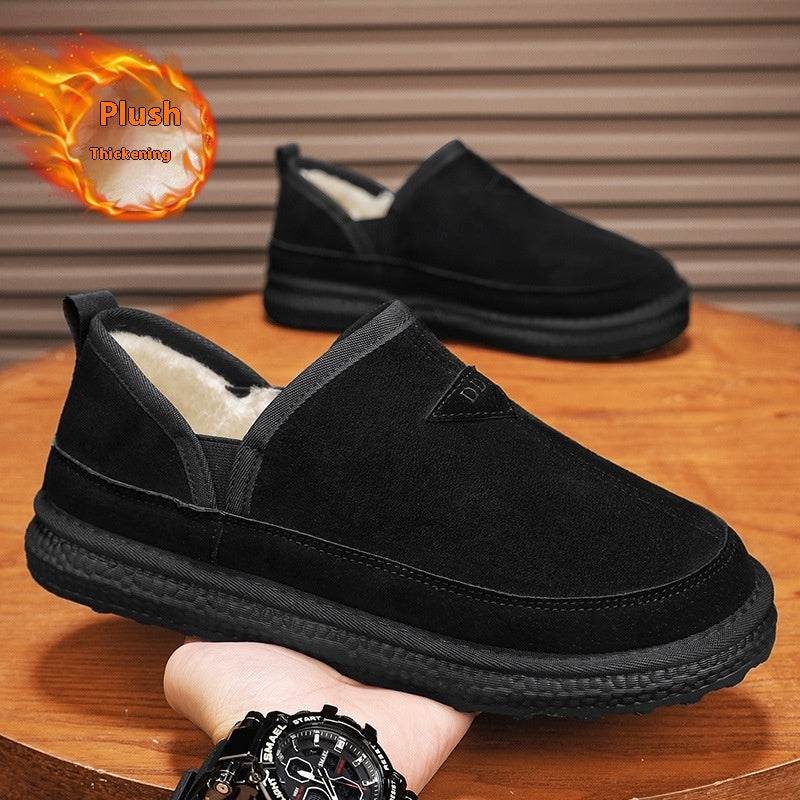 V-cut Fleece Snow Boots Winter Warm Round-toed Suede Ankle Boot Fashion Simple Non-slip Flat Cotton Shoes For Men - Mubimart