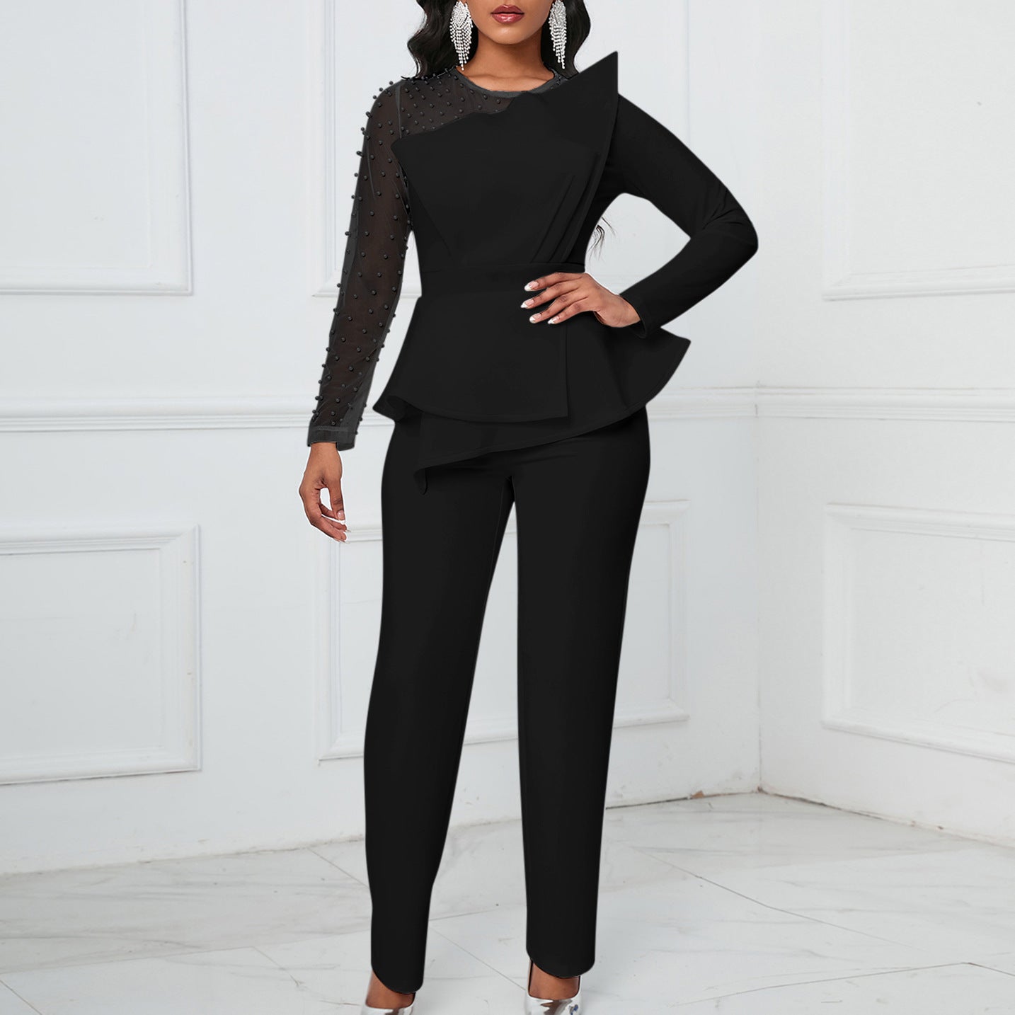 Long Sleeve Mesh Splicing Beads Banquet Plus Size Jumpsuit - Mubimart -  