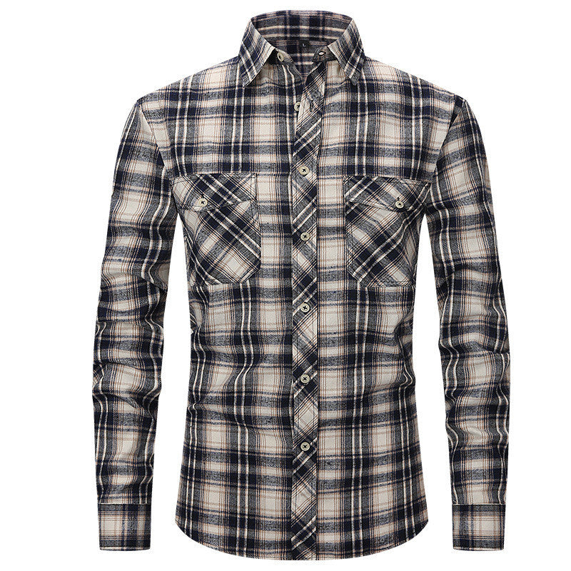 Men's Long Sleeve Double Pocket Flannel Shirt With Brushed Plaid