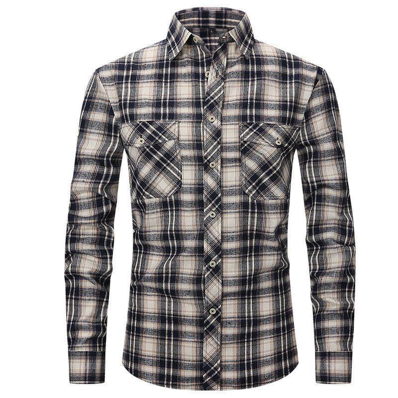 Men's Long Sleeve Double Pocket Flannel Shirt With Brushed Plaid - Mubimart