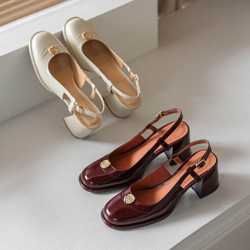 Thick High Heel Cowhide Toe Cap Slingback Sandals Women - Mubimart