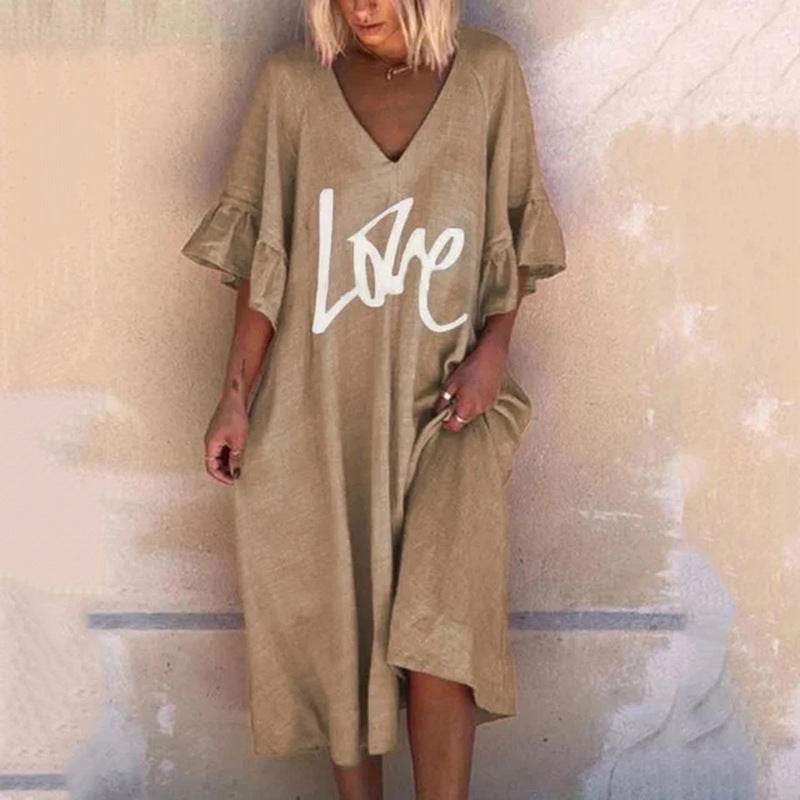 V-neck Lotus Leaf Sleeve Plus Size Dress Printing Fashion Casual Midi Skirt - Mubimart