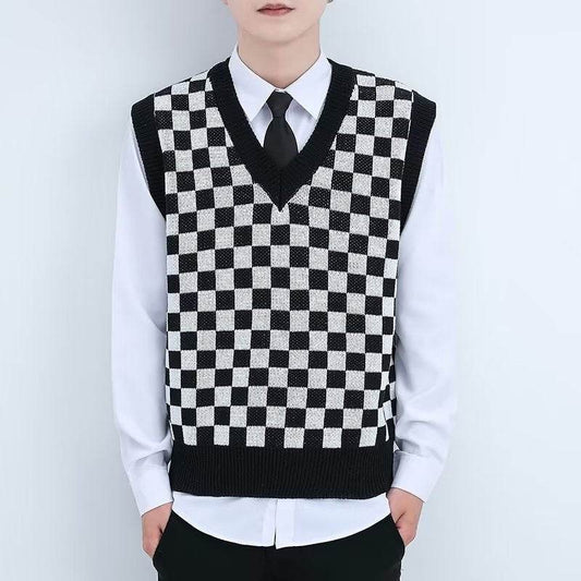 V-neck Knitted Boys' Checkered Sweater Vest - Mubimart