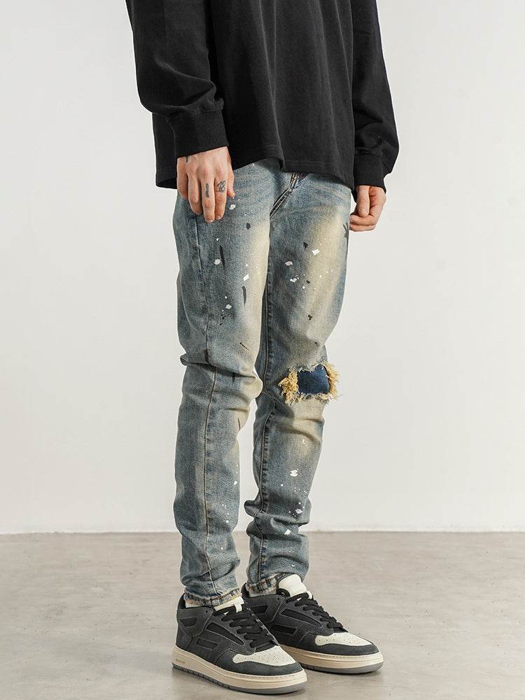 Slim-fit Slim-fit Jeans With Splashed Ink And Ripped Patches - Mubimart