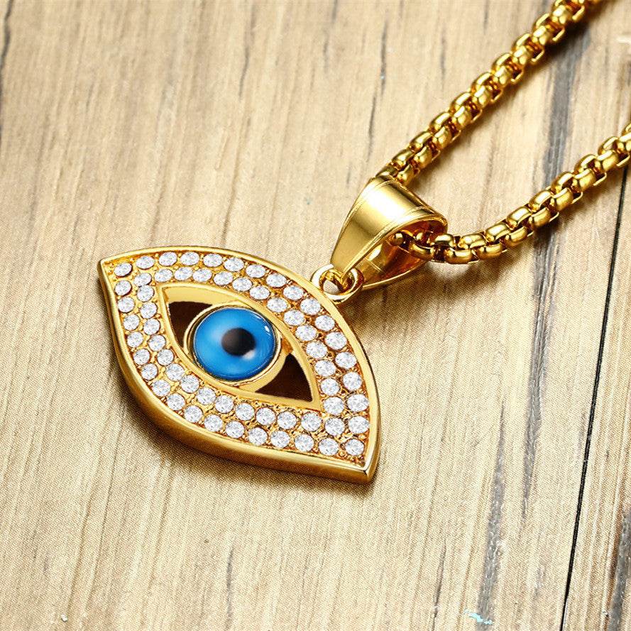 Mens Fashion Stainless Steel Rhinestone Evil Eye Pendant Necklace - Mubimart