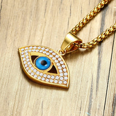 Mens Fashion Stainless Steel Rhinestone Evil Eye Pendant Necklace