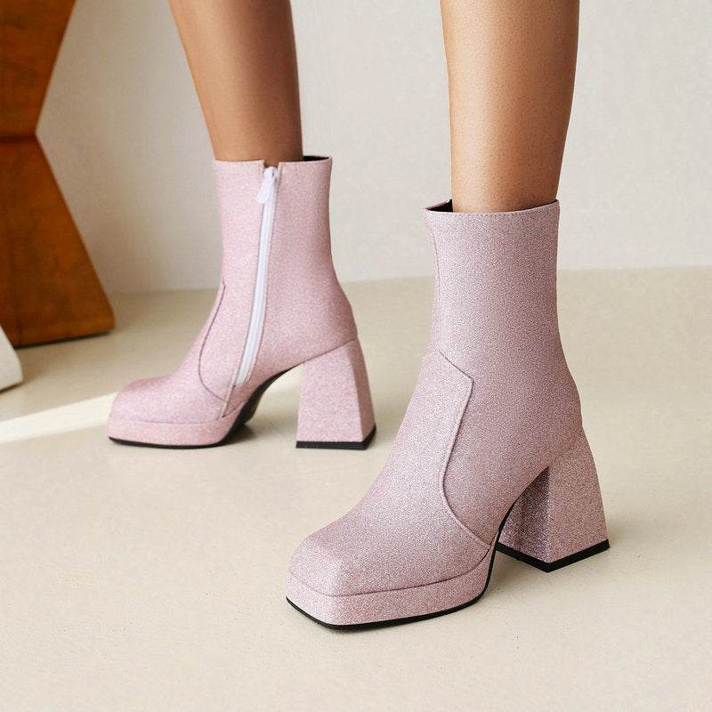 Square Toe Booties Female High Heel Martin Boots Sequin High Heels Ankle Boots - Mubimart