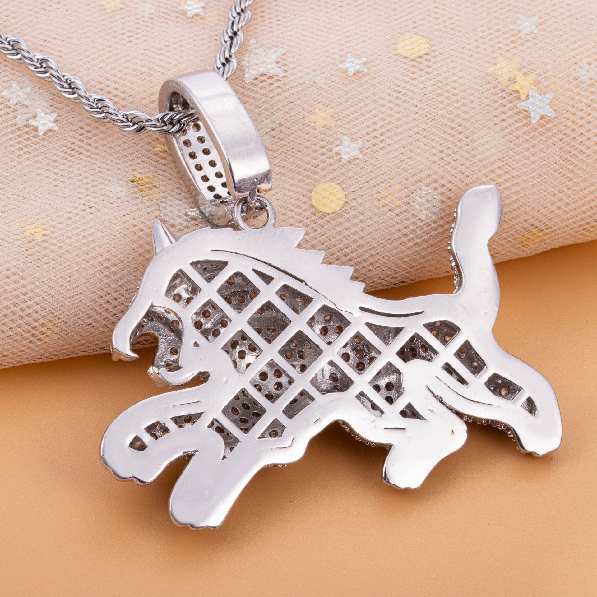 Hip Hop Full Zircon Mens Necklace Leopard Pendant - Mubimart