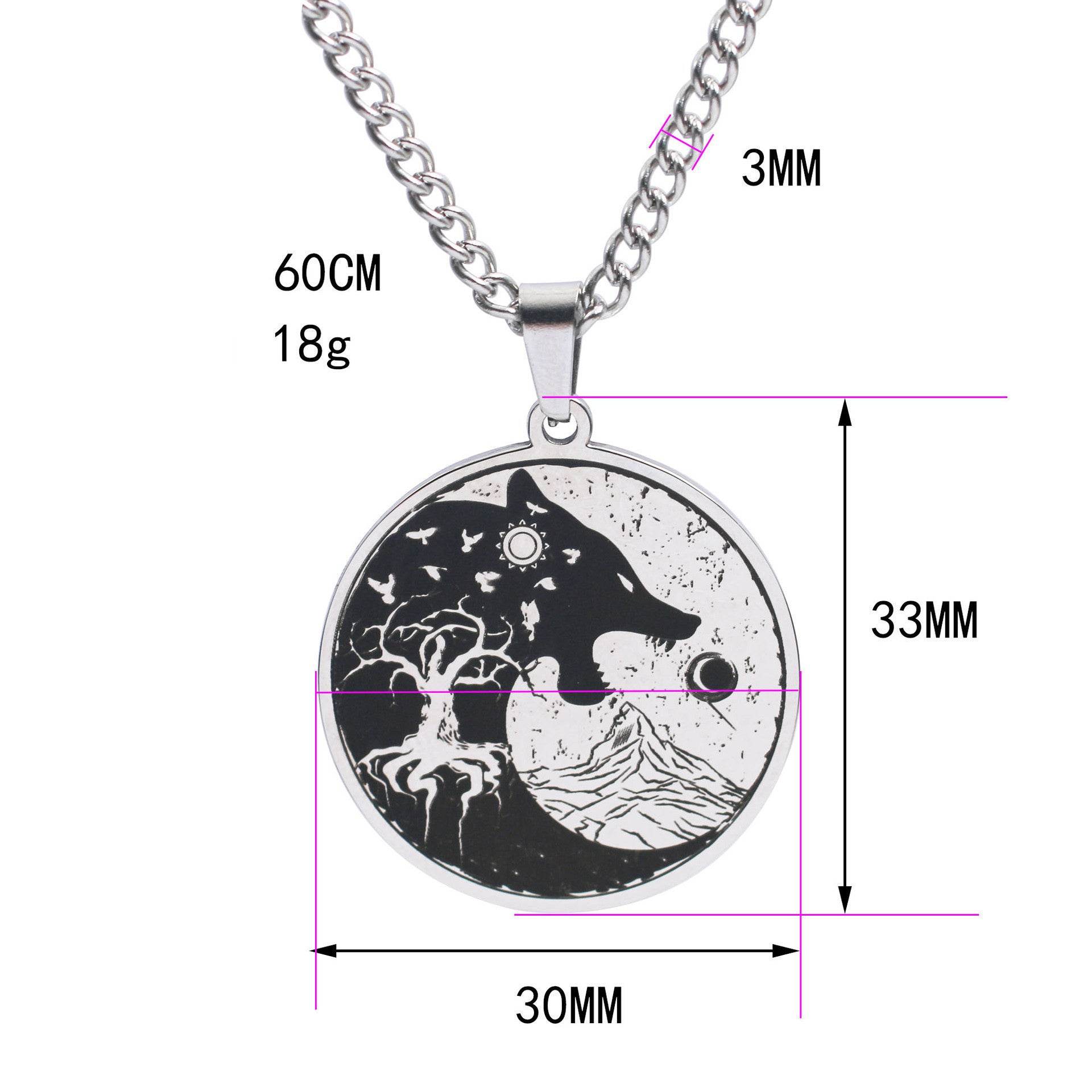 Mens Vintage Wolf Head Tree Of Life Pendant Necklace - Mubimart