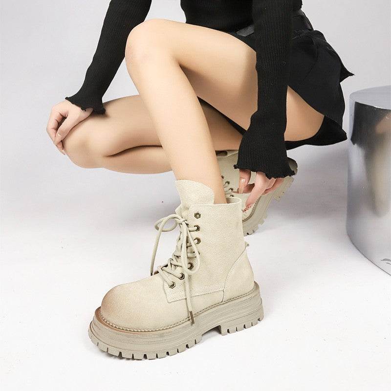 Distressed Thick Bottom Mid-calf Vintage Martin Boots - Mubimart