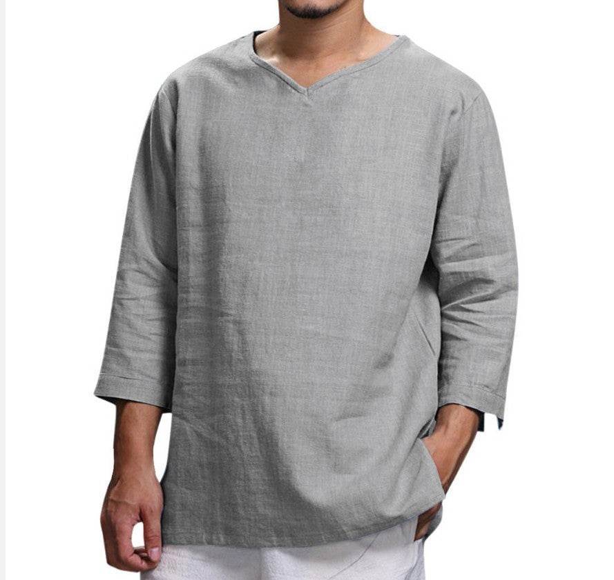 Loose Casual V-neck Top Cotton And Linen Long Sleeve Pullover Shirt Mens Clothing - Mubimart