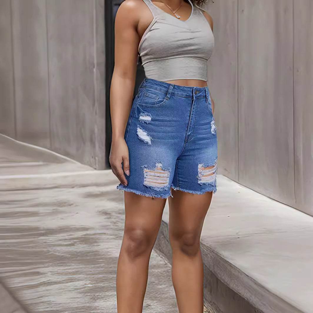 Denim With Hole Shorts For Women - Mubimart