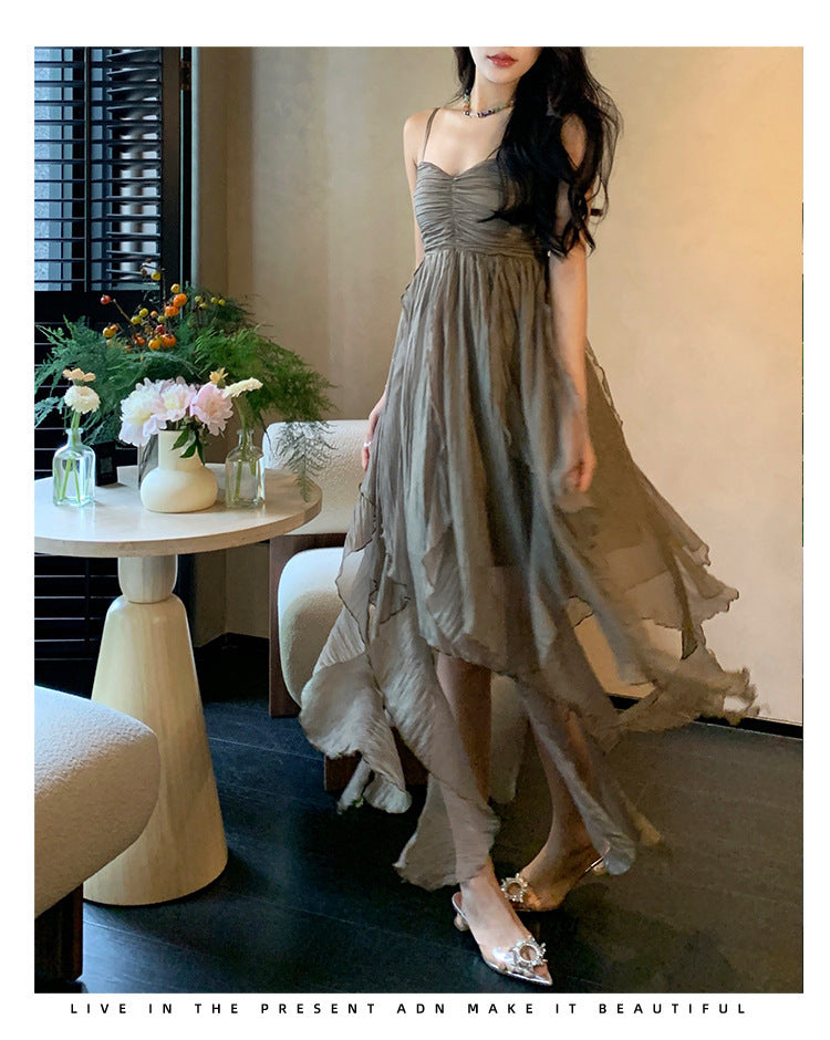 Pleated Irregular Elegant Midi Dress - Mubimart -  