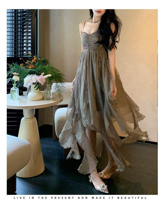 Pleated Irregular Elegant Midi Dress - Mubimart