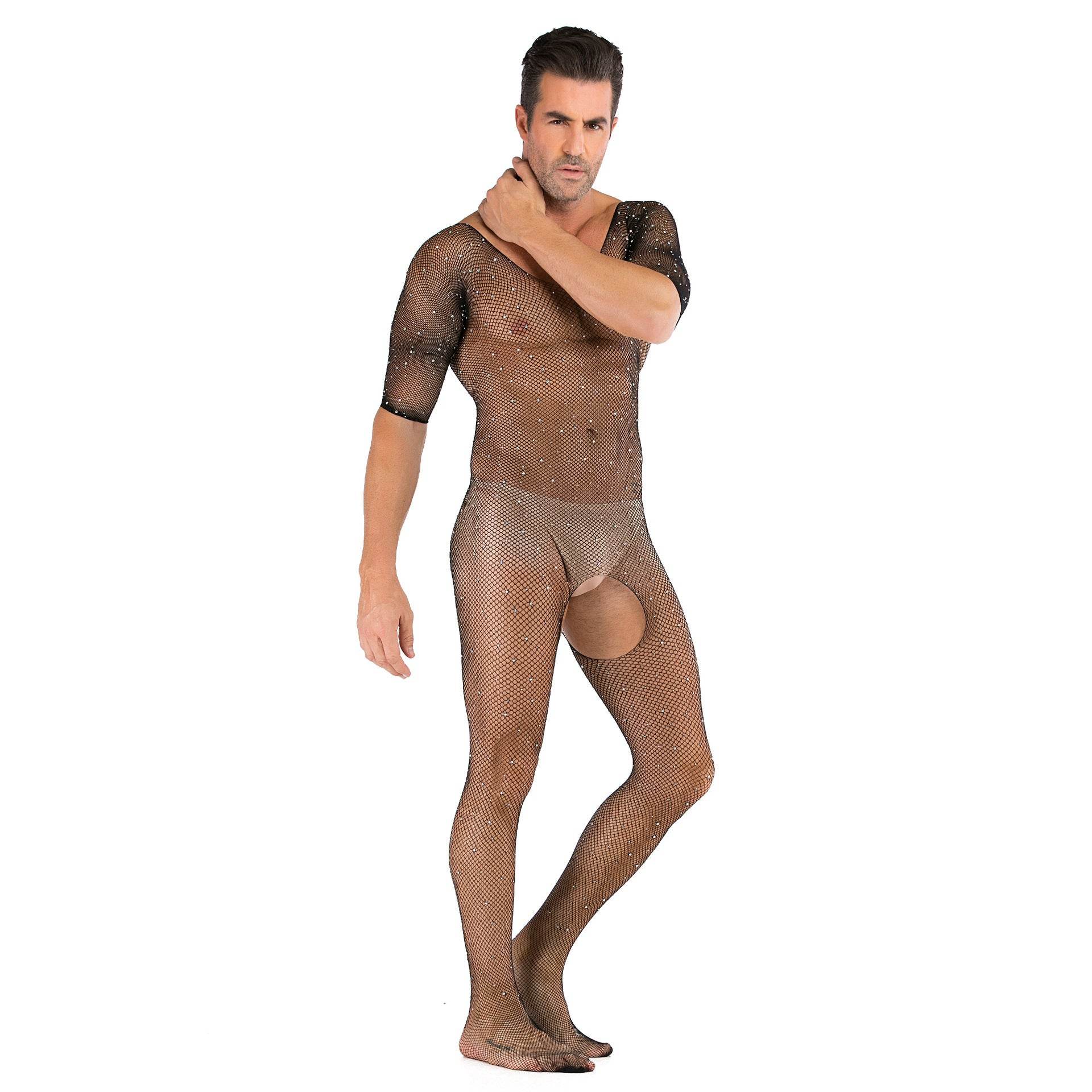 Mens Shiny Full Body Mesh Underwear With Diamonds - Mubimart