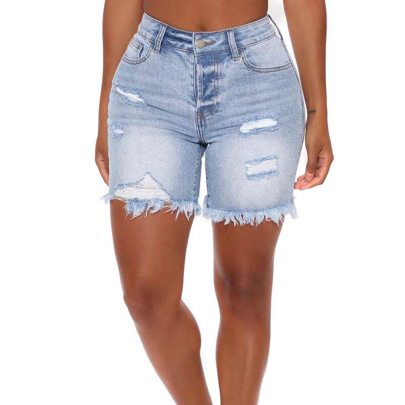 Fashion Ripped Fringed High Stretch Denim Shorts Women - Mubimart