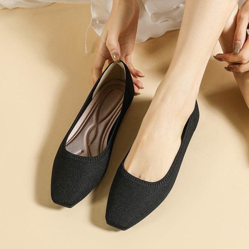 Gold Silk Color Matching Pointed Toe Shallow Mouth Square Toe Flat Shoes - Mubimart