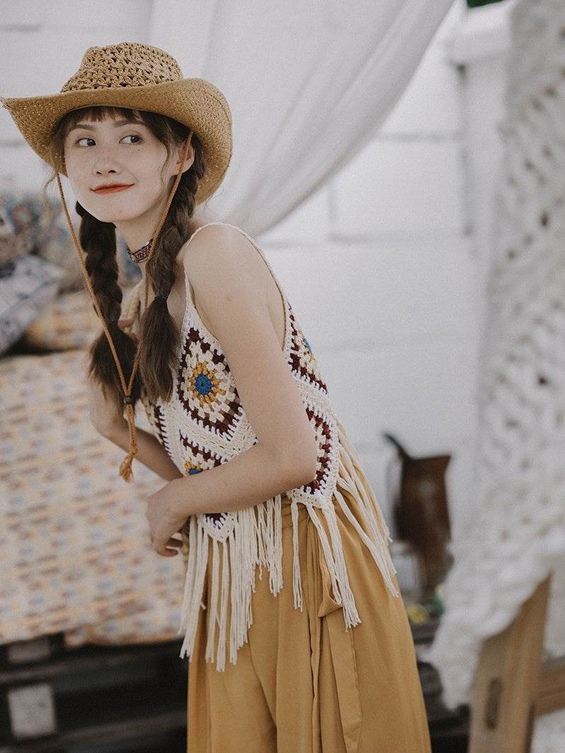 Bohemian Tassel Spaghetti-strap Camisole Top - Mubimart